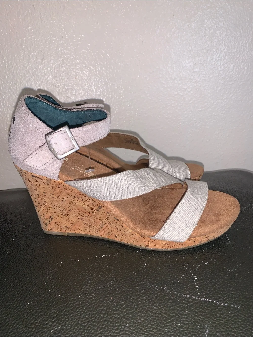 TOMS Women's Pale Pink and Light Gray Strappy Wedge Sandals
